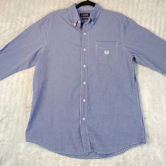 Chaps Button Down Blue Gingham Long Sleeve Shirt with Contrast Collar - Picture 1 of 12